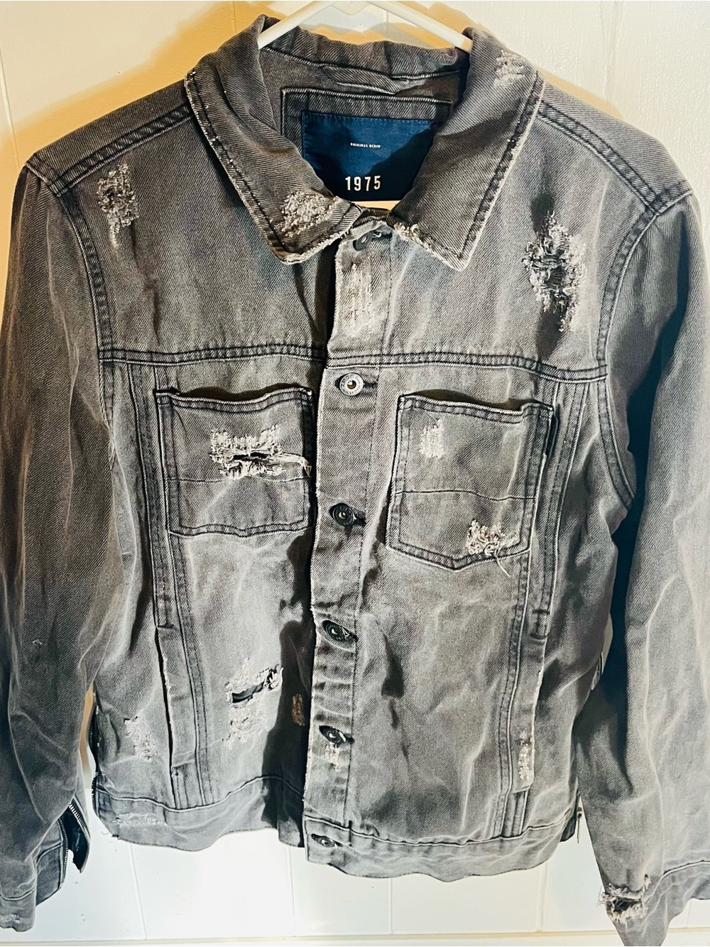 Zara Washed Black Distressed Denim Jacket XL